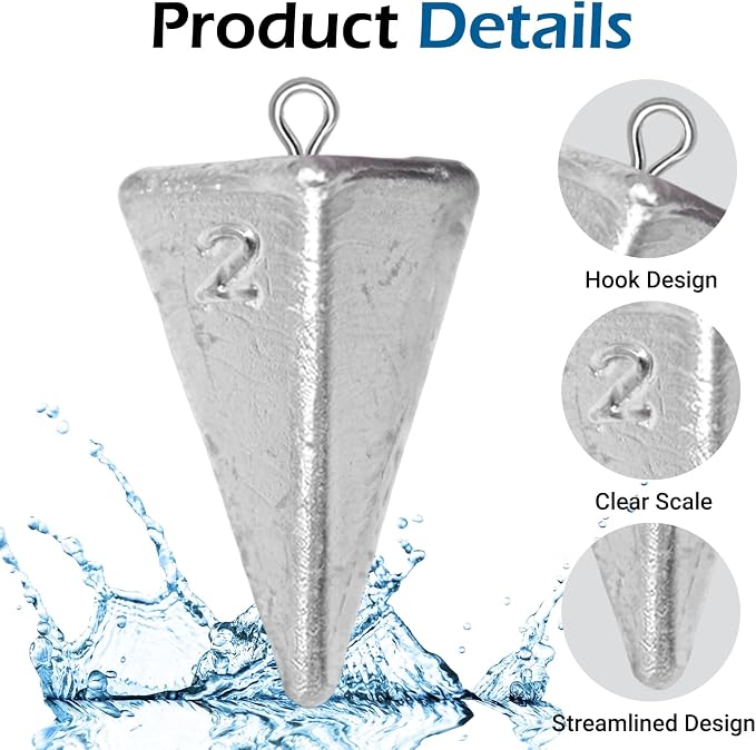 Pyramid Sinkers Assorted Weights 2oz 3oz 4oz, Lead Surf Fishing Sinkers for Saltwater Beach Bottom Fishing (5-8 Pack)