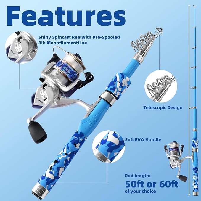 Portable Fishing Spinning Rod and Reel Combo Set with Telescopic Fishing Pole Fishing Carrier Bag Lures Line for Travel Saltwater Freshwater