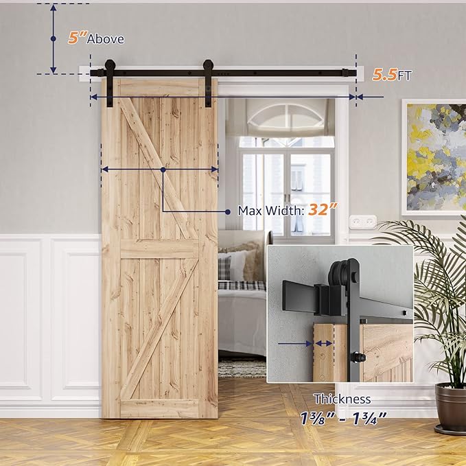 SMARTSTANDARD 5.5ft Barn Door Hardware kit, Barn Door Track, Sliding Door Hardware kit, Smoothly and Quietly -Heavy Duty Sturdy -Easy to Install, Fit 30"-33" Wide Door Panel (I Shape Hanger)