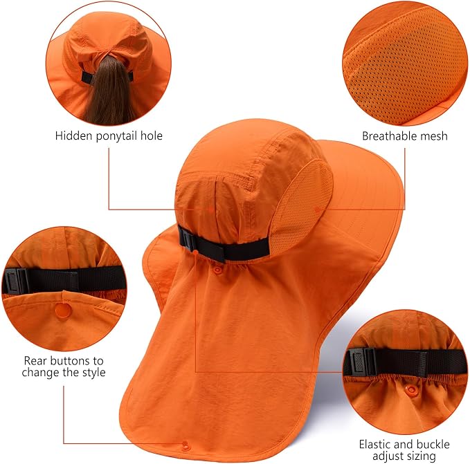 BASSDASH UPF 50+ Unisex Water Resistant Wide Brim Sun Hat with Large Neck Flap Ponytail Fishing Hat for Men Women