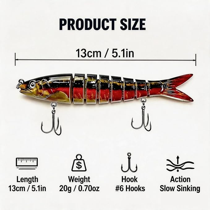 Multi-Jointed Swimbaits 5.1in Slow Sinking Fishing Lures, Premium ABS Hard Bait with Gravity Transfer System, Anti-Rust #6 Treble Hooks, Lifelike 3D Eyes for Bass Trout Walleye Pike