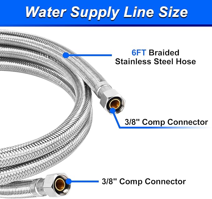 6FT Stainless Steel Braided Water Supply Line for Dishwasher, Brass 3/8 Inch Compression x 3/8 Inch Compression Connections, Food Grade PEX Inner Tube Water Hose