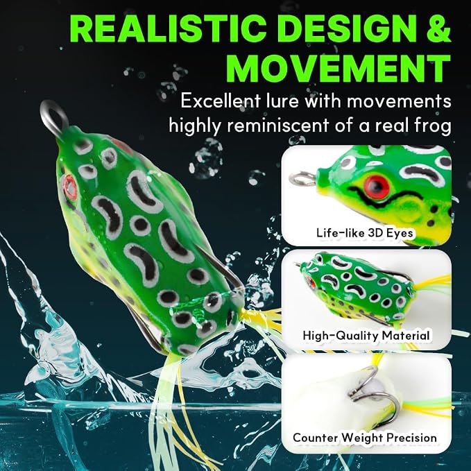 Topwater Frog Lures for Bass Fishing, 5 Pack Soft Hollow Body Weedless Frog Bait, Realistic Swimming Action, High Hookup, Crankbait for Freshwater Fishing, Includes Tackle Box