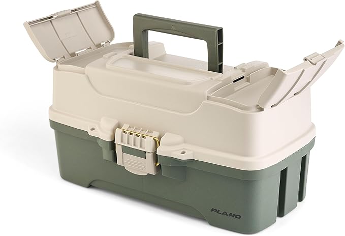 Plano Three-Tray Tackle Box, Green/Tan, Rust-Proof Brass Latch, Top-Access Tray with Deep Storage, Made in the USA, Portable Fishing Gear Storage Organizer