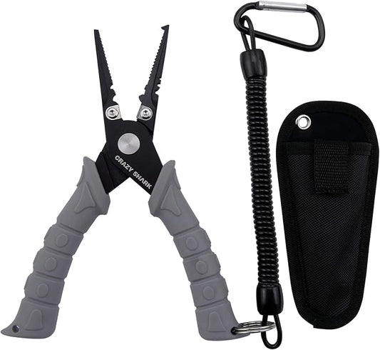 Fishing Pliers, Stainless Steel Fishing Tools, Saltwater Resistant Fishing Gear, Tungsten Carbide Cutters, Split Ring Pliers, Hook Remover with Coiled Lanyard and Sheath