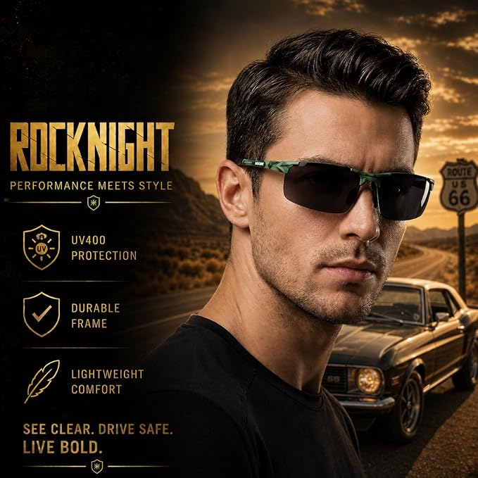 ROCKNIGHT Polarized Rectangular Sunglasses for Men Driving UV400 Protection Lightweight Al‑Mg Frame
