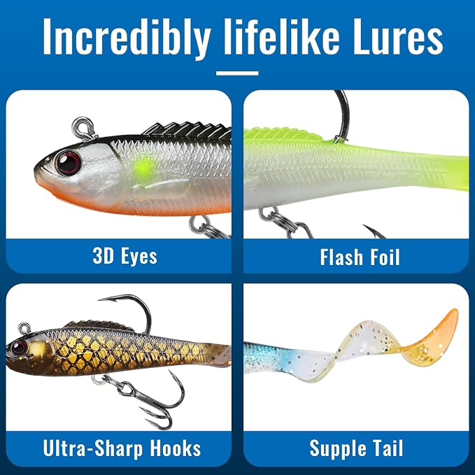 GOTOUR Pre-Rigged Soft Fishing Lures with Weedless Hook, Lifelike Paddle Tail Swimbaits for Bass Fishing, Freshwater & Saltwater Fishing Bait, Fishing Tackle for Bass, Pike, Trout, and Walleye