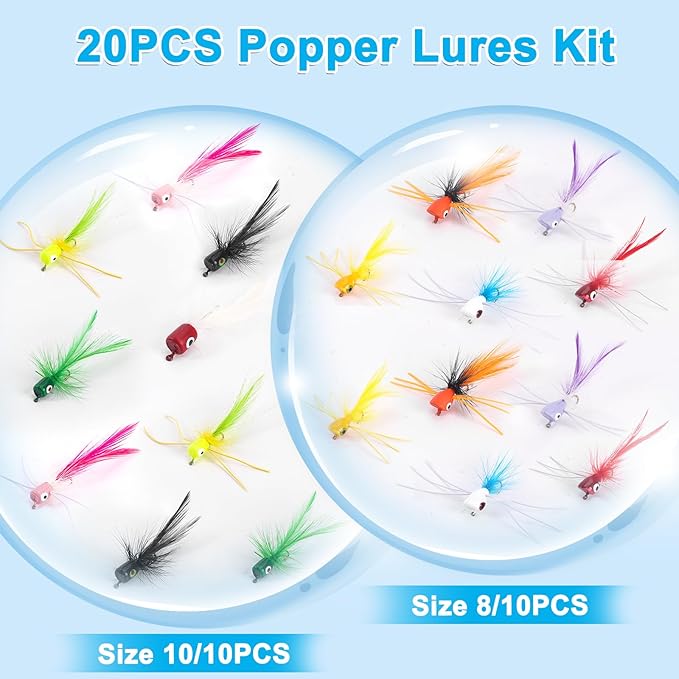 Fly Fishing Poppers Flies, Fly Popper Lures Bass Bluegill Crappie Trout Salmon Panfish Perch Popper Flies Kit for Fly Fishing