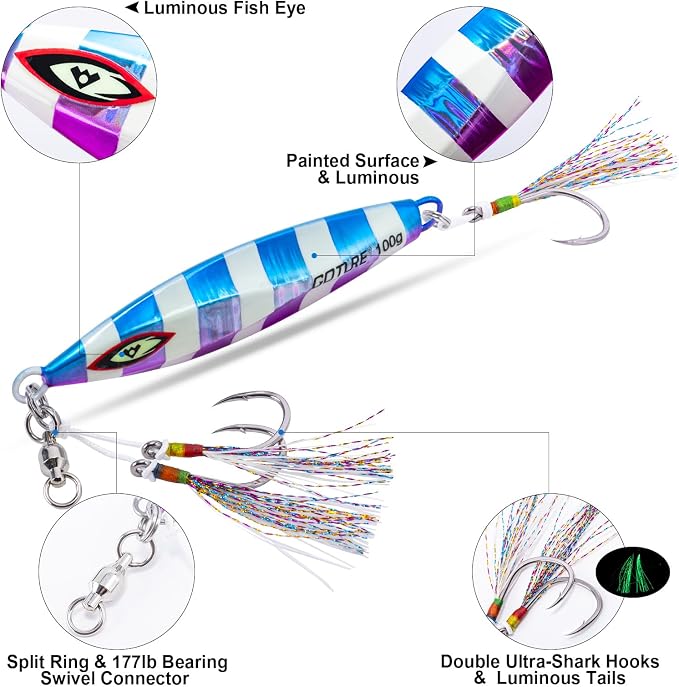 Goture Slow Pitch Jigs, Glow Flat Fall Jig Fishing Lure with Double Assist Hooks and Swivel, Fishing Jigs Saltwater 40g-250g Deep Sea Fishing Jigging Lures for Tuna,Dogtooth Tuna, Yellowtail,Kingfish