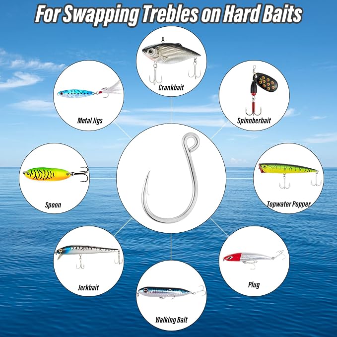 Dr.Fish 30 Pack Single Replacement Hooks for Hard Lures Inline Fishing Hooks High Carbon Steel Spinner Jerkbait Crankbait Popper Walking Bait Plugs