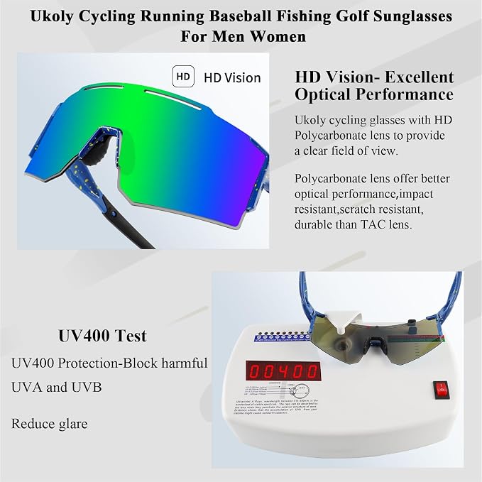 Ukoly Cycling Sunglasses for Men Women with 3 Interchangeable Lenses, Polarized Sports Sunglasses, Baseball Sunglasses