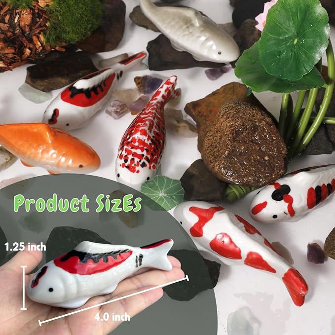 6PCS Ceramic Floating Koi Fish 6PCS Floating Foam Lotus Flower Koi Pond Accessories Pond Decor Floating Aquarium Decor Birdbath Decor 【Complete Collection】