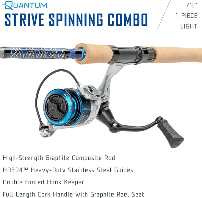 Quantum Strive Spinning Reel and Fishing Rod Combo, Graphite Composite Blank, 4+1 Bearings, Silver/Blue