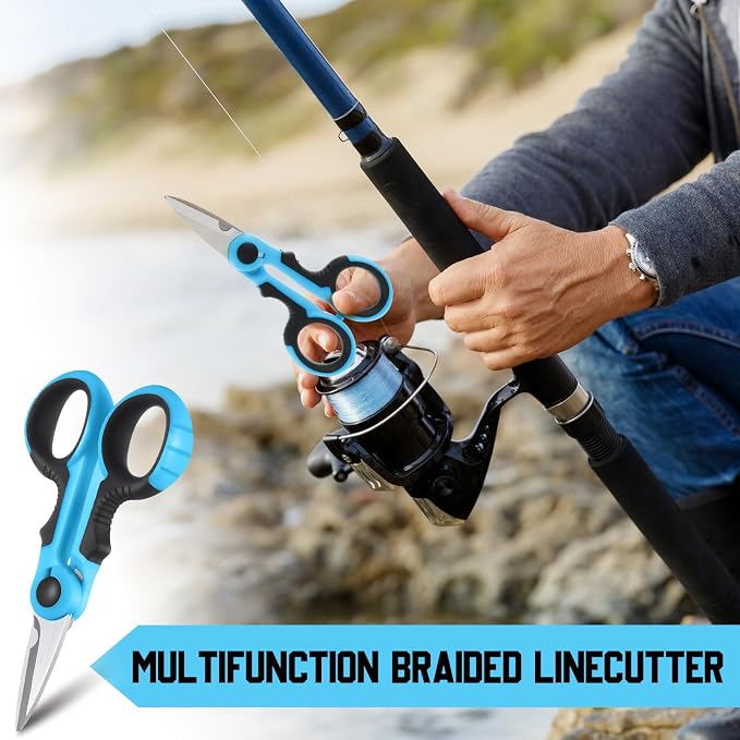 Honoson 2 Pcs 5.7" Fishing Scissors Braided Line Cutters Fishing Heavy Duty 3cr13 Non Slip Serrated Edge Scissors Saltwater Freshwater Braid Multi Function Snips for Trimming (Blue Black)