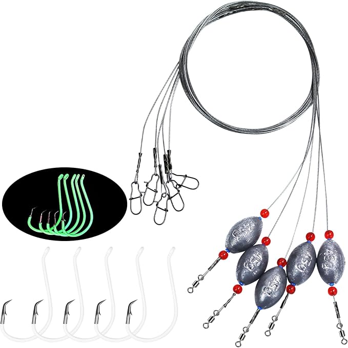 Fishing Egg Sinker with Soft Plastic Core Weight Rigs 5pcs Flounder Rig Saltwater,176.37lb Fishing Wire Leader with Egg Sinker Swivels Snap, Grouper Bottom Fishing Rigs