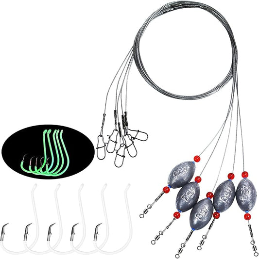 Fishing Egg Sinker with Soft Plastic Core Weight Rigs 5pcs Flounder Rig Saltwater,176.37lb Fishing Wire Leader with Egg Sinker Swivels Snap, Grouper Bottom Fishing Rigs