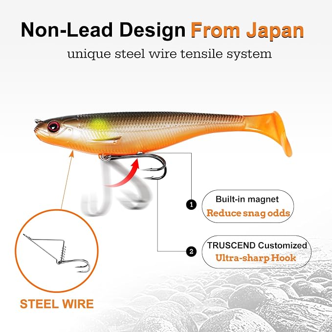 TRUSCEND Shadtale Easy Catch Soft Fishing Lures with BKK Hooks - Trembly Sinking and Vibrating Swim for More Bites, Pre-Rigged Swimbaits for Bass, Trout, Crappie, Walleye, Freshwater Saltwater Fishing