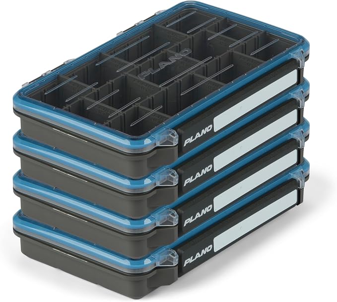 Plano StowAway 3600 Waterproof Stow Tackle Box, 4-Pack, IPX7 Waterproof Rating, with Rustricor, Single Latch Design, Transparent DuraView Lid, Storage for Fishing Bait, Lures and Gear
