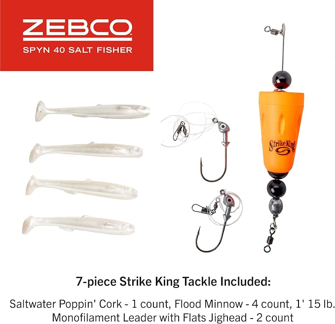 Zebco Spyn 40 Salt Fisher Spinning Reel and Fishing Rod Combo, 6-Foot 6-Inch 2-Piece Telescopic Rod, Size 40 Reel, 7-Piece Strike King Tackle Kit