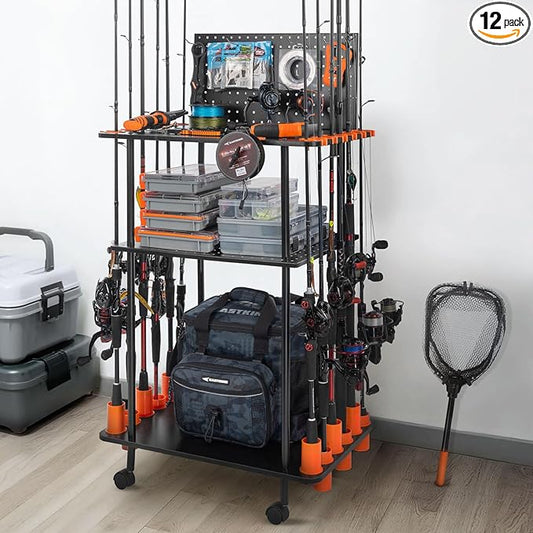 KastKing V12 Gear Trolley, Indoor Fishing Rod Holder for 12 Combos, 3-Tier Fishing Rod Rack With Peg Wall, Patented Built-in Line Spooler, Mobile Tackle Storage Cart With Locking Wheels