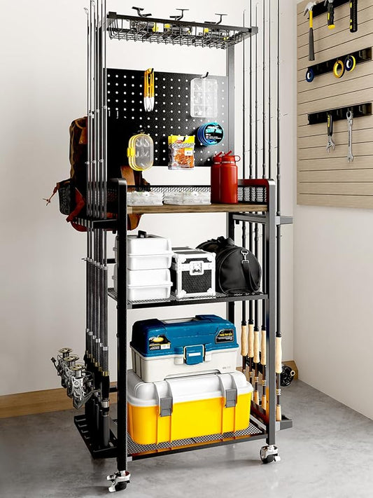 SOYEEZE Fishing Rod Holders for Garage,Fishing Gear Holder for Fishing Rod Tackle Box Storage，Fishing Pole Holders for 12 Rods with Hooks and Pegboard,Fishing Cart with Reel Rack, Standard Size