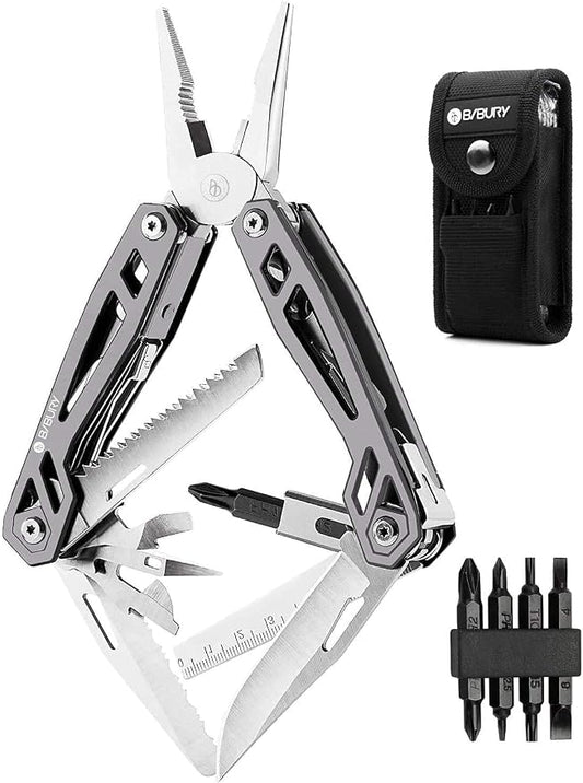 BIBURY Multitool with Pocket Knife, 21-in-1 Stainless Steel Pliers with Screwdriver, Safety Locking Multi tools with EDC Knife for Survival, Camping, Fishing, Repair, Birthday Gifts for Men Women