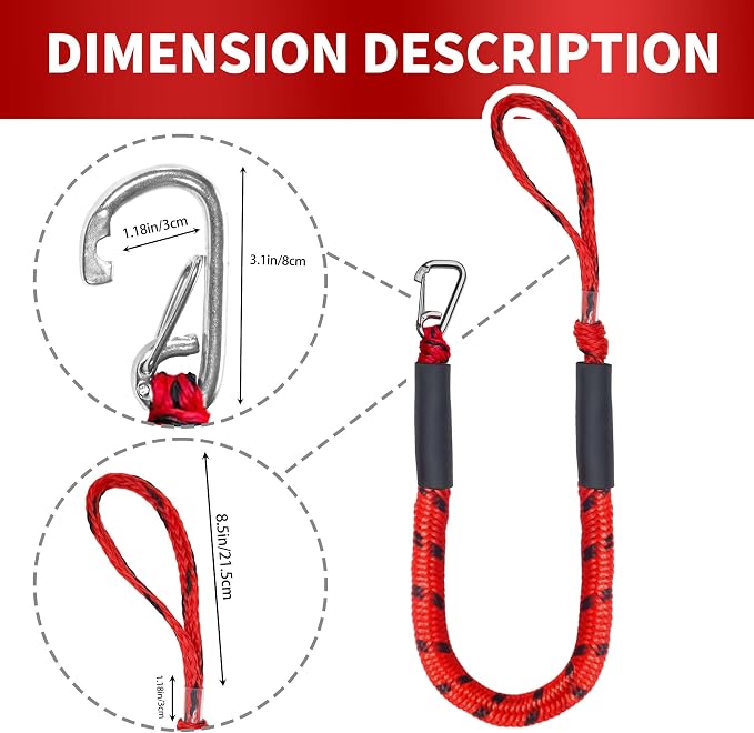 Bungee Dock Line with Stainless Steel Clip – Boat Dock Rope with Foam Float for Kayak, Canoe, Pontoon, Watercraft, SeaDoo, Docking – 4–5.5 ft, 2 Pack（Red&Black）