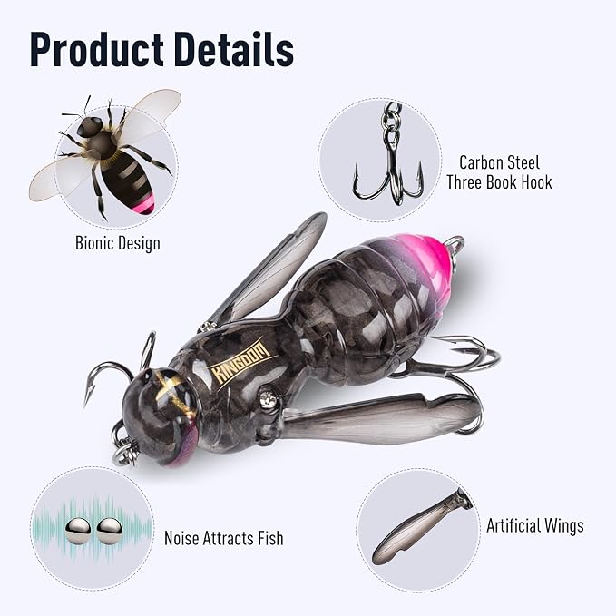 Kingdom Wasp Craw Bait Insect Bionic Floating Fishing Lures Swimbaits Hard Artificial Baits Lure for Freshwater and Saltwater Bass Carp Pike Walleye Fishing ABS Material Carbon Steel Three Book Hook