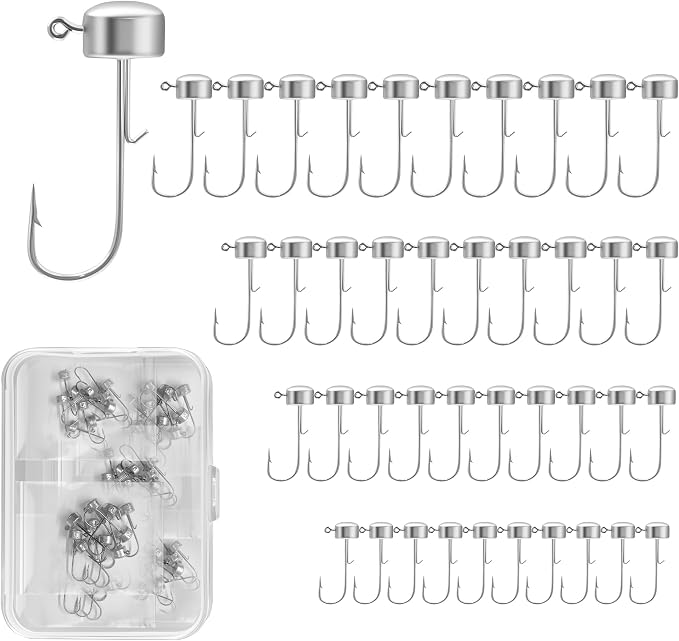 40pcs Ned Rig Jig Heads Set with Hooks Box – Mushroom Head Ned Rig Hooks for Bass Crappie Trout, Finesse Bass Fishing Jig Head Hooks, 1/12oz, 1/8oz, 3/16oz, 1/4oz, 10pcs Each Size