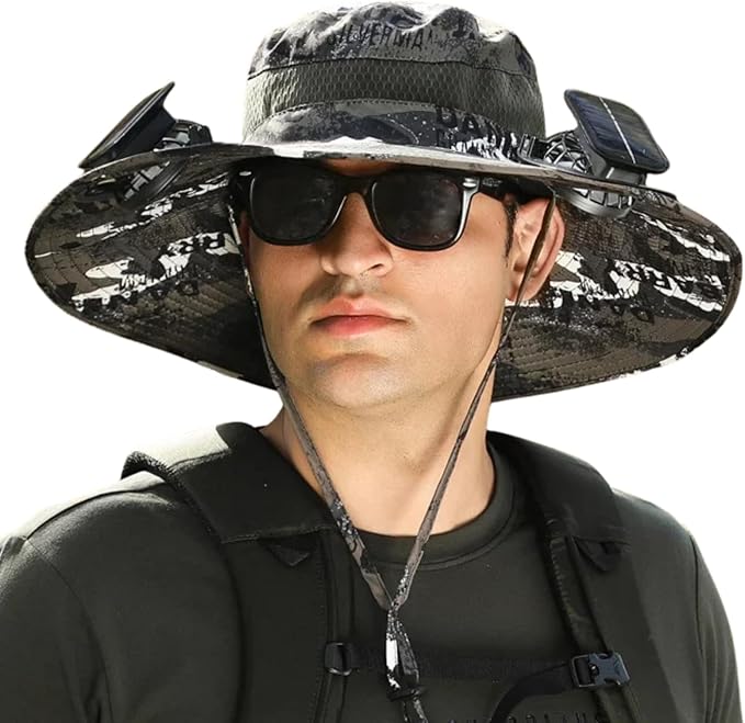 Outdoor Wide Brim Sun Hat with 2 Solar Fan Sun Bucket Hat for Men Women UPF 50+ Bucket Fishing & Beach Hat with Fan Built in