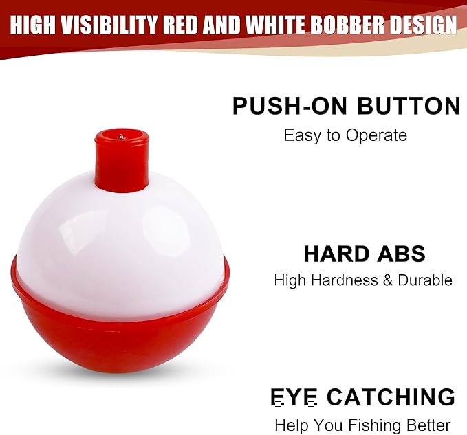 Fishing Bobbers Hard ABS Bobbers Snap-on Fishing Floats Push Button Round Buoy Float Bobbers for Crappie Panfish Walleyes Red and White 0.75"/1"/1.25"/1.5"/1.75"/2"/2.5"
