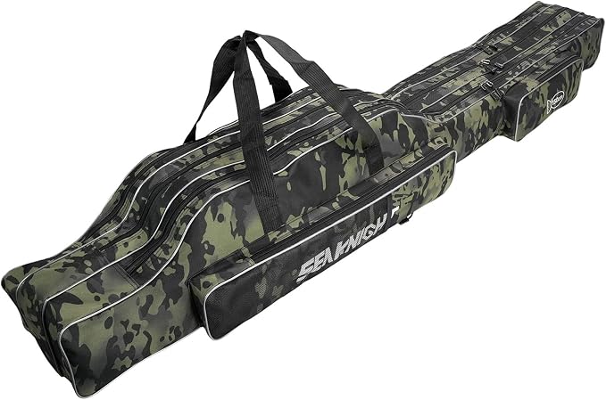 Seaknight Portable Fishing Rod Case - 2 Sizes (53.15in/59.0in) Oxford Fabric Tackle Storage Bag for Travel, Durable Rod Carrier for Freshwater & Saltwater Anglers (Black Camou, 150cm/ 59.0in)