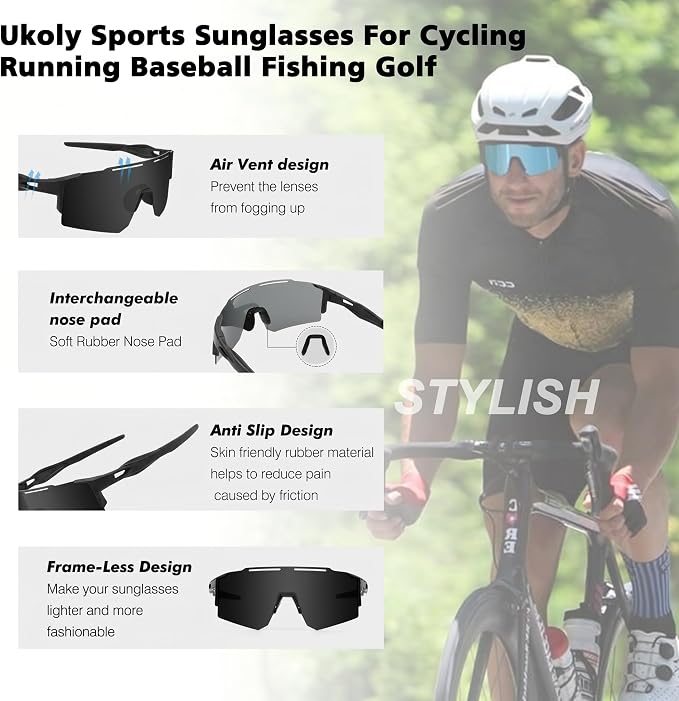 Ukoly Cycling Sunglasses for Men Women with 3 Interchangeable Lenses, Polarized Sports Sunglasses, Baseball Sunglasses