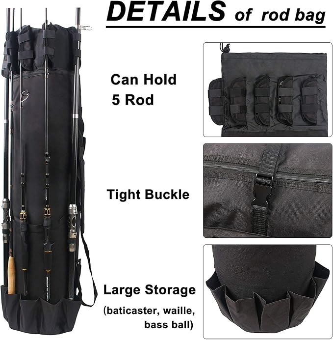 Multifunction Fishing Pole Bag - Waterproof Rod Reel Bag Carrier Case, Durable Canvas Tackle Large Storage Gift for Men Travel, Black