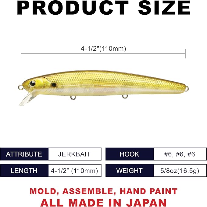LUCKY CRAFT FlashMinnow 110, Saltwater Fishing Lures, Jerkbait Surf Fishing Accessories and Gear, 1-2 ft Slow Suspending Topwater Lure, Halibut and Bass