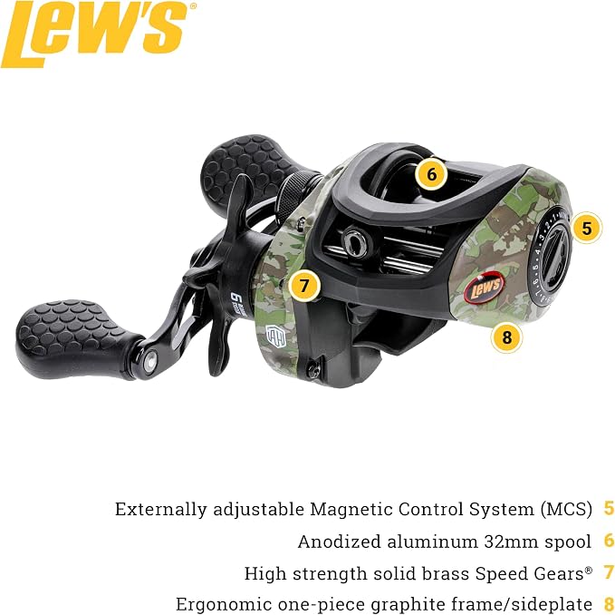 Lew's American Hero Camo Baitcast Reel and Fishing Rod Combo, 7-Foot 1-Piece Medium-Heavy Power IM7 Graphite Rod, 7.5:1 Gear Ratio, One-Piece Graphite Frame, Right-Hand Retrieve, Camo/Black