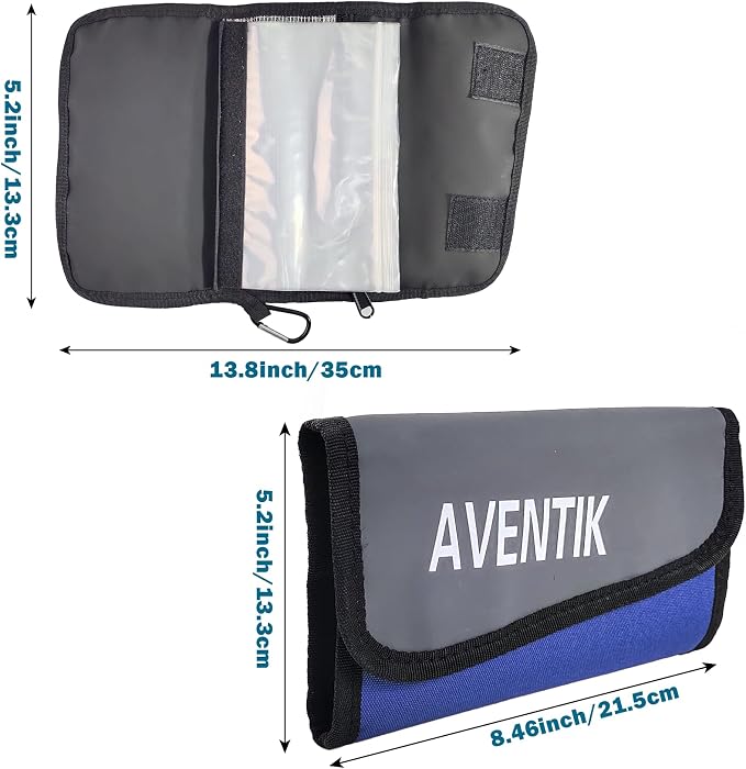 Aventik Soft Lure Storage Binder Bait Organizer– Durable Water-Resistant Fishing Tackle Wallet with 6 Clear Sleeves 2 Zipper Pockets & Carabiner for Worms, Rigs & Accessories (2pc-M:Blue+Red)