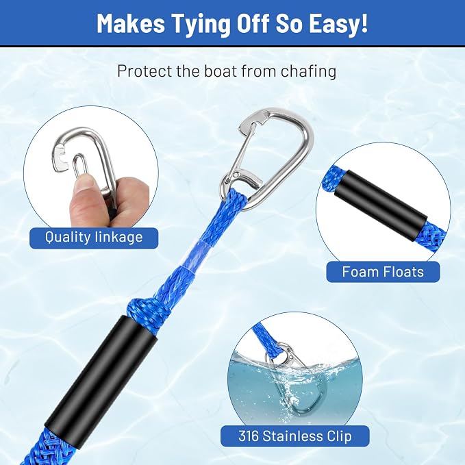 4-5.5ft, Bungee Dock Line with Stainless Steel Clip Safe Boat Rope Mooring String with Foam Float for Pontoon, Boat Accessories, Sea Doo,2 Pack(Blue)