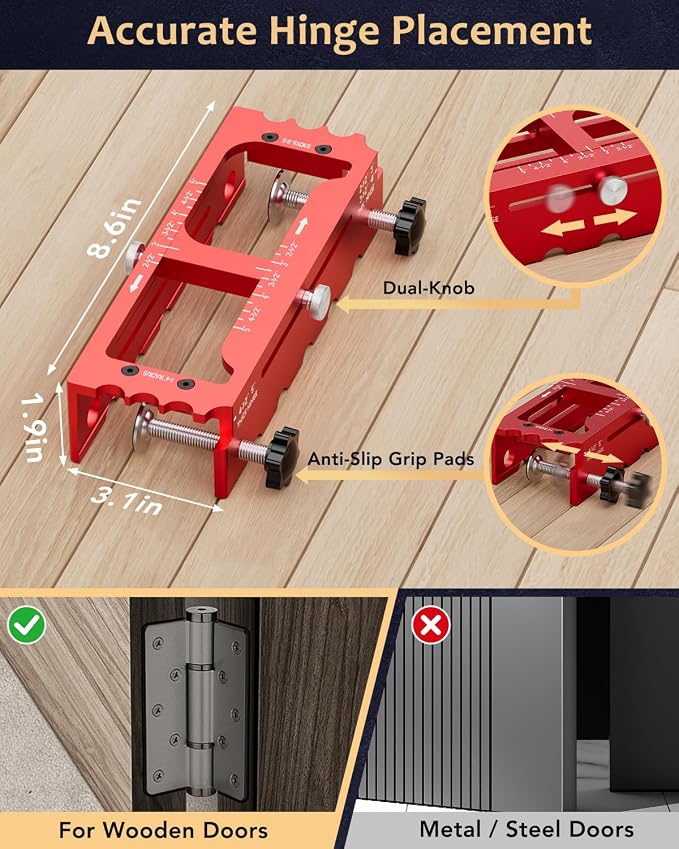 Door Hinge Jig Tool for Router, Adjustable Aluminum Alloy Mortise Jig Fits Door Hinges 2.5" -5", Door Hinge Template Installation Kit, 1/4" & 5/8" Radius and Square Corners (red)