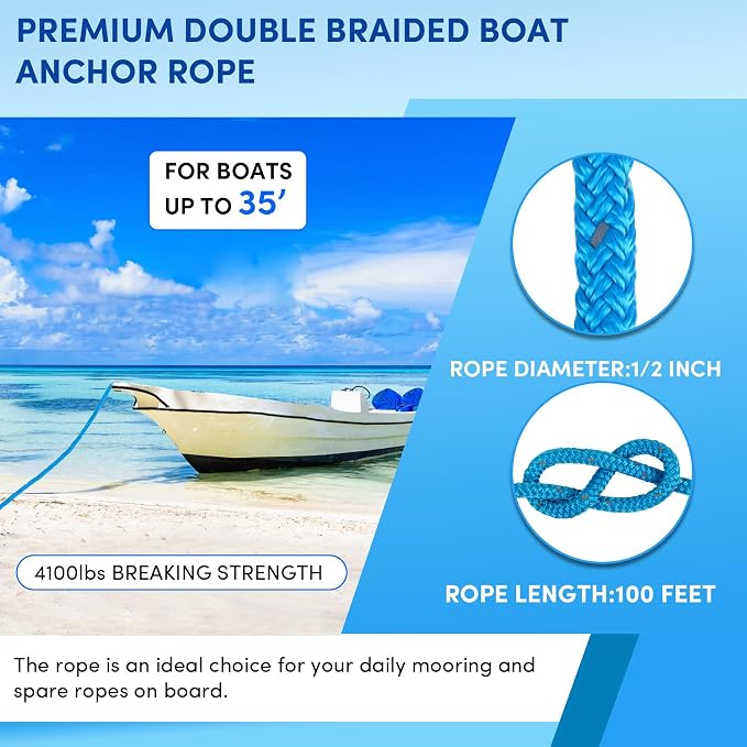 Anchor Rope 100 ft x 1/2 inch Blue, Double Braided Anchor Line with Stainless Steel Thimble & Shackle, Boat Rope with Reflective Strip Ideal for Towing,Mooring,Anchoring,for Boats Up to 35'