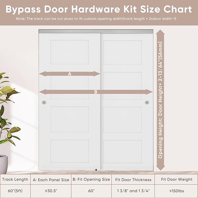 JUBEST 5FT/60 Heavy Duty Bypass Door Hardware with Soft Close Mechanism, Sliding Closet Door Hardware Set for 2 Door System, Smoothly and Quietly, Fit Door Thickness 1 3/8" or 1 3/4", Easy to Install