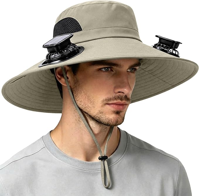 Solar Powered Fan Hat for Men Women Wide Brim Hat with 2 Fans UPF 50+ Outdoor Fishing Beach Sun Hat