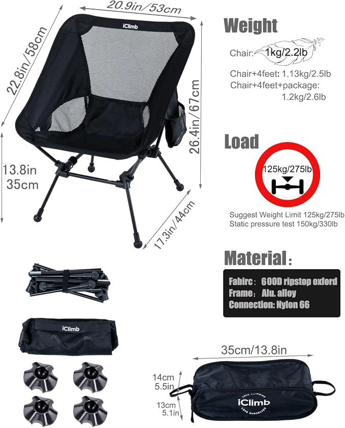 iClimb Ultralight Compact Camping Folding Beach Chair with Anti-Sinking Large Feet and Back Support Webbing (Black - Square Frame)