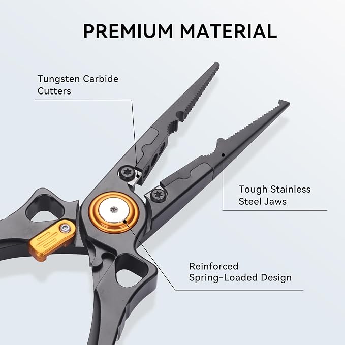 Fishing Pliers Hook Remover, Saltwater Split Ring Pliers with Safety Lock, Fishing Gear with Sheath and Lanyard, Fishing Gifts for Men