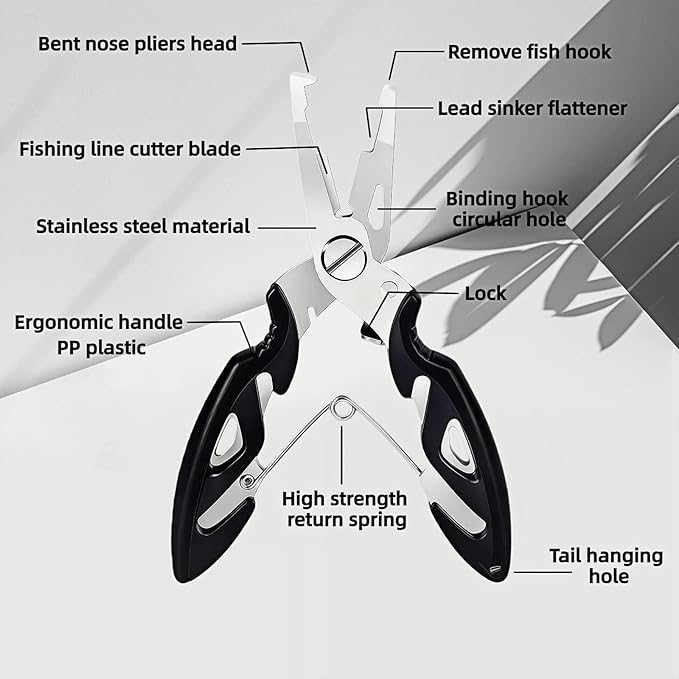 Multitool Fishing Pliers, Stainless Steel Multi-Tool with Spring-Loaded Design, Anti-Slip Grip, Line Cutter, Hook Remover for Saltwater Fishing