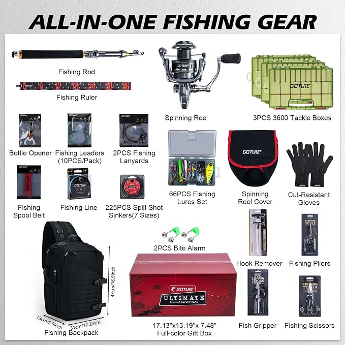 Goture Fishing Kits for Adult,Fishing Pole and Reel Combo, OpenSide Fishing Sling Tackle Storage Bag with 3 Tackle Boxes,Gift for Men