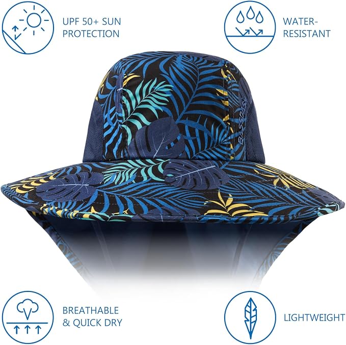 BASSDASH UPF 50+ Unisex Water Resistant Wide Brim Sun Hat with Large Neck Flap Ponytail Fishing Hat for Men Women