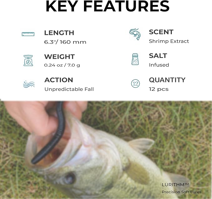 Soft Plastic Worm Lures for Bass Fishing, 6 inch Finesse Ribbed Worm Bait for Drop Shot, Shaky Head, Neko & Texas Rig, Natural Fall, Salt Infused, 12-Pack