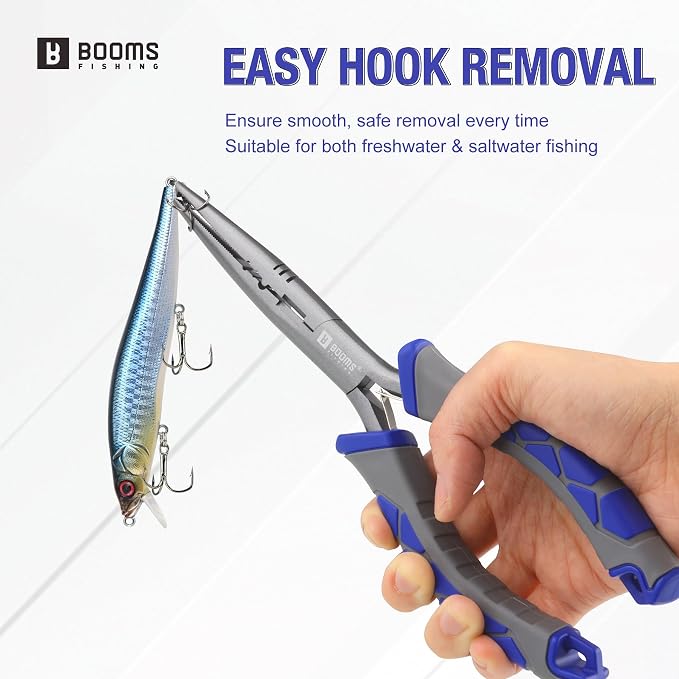 Booms Fishing Needle Nose Pliers: 9" Long Nose Hook Remover and Split Ring Fish Pliers with Lanyard and Sheath - XW10 Multi-Function Saltwater Fishing Gear, Blue & Gray