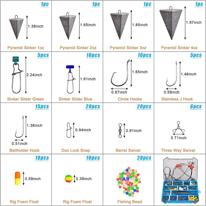 Surf Fishing Tackle Kit Ocean Saltwater Fishing Lures Surf Fishing Gear Fish Finder Rigs Pompano Rig Pyramid Sinker Weight Fishing Hooks Swivels Various Accessories